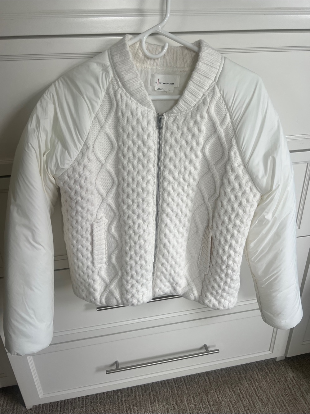 Anthropologie White Quilted Knit-Front Bomber Jacket